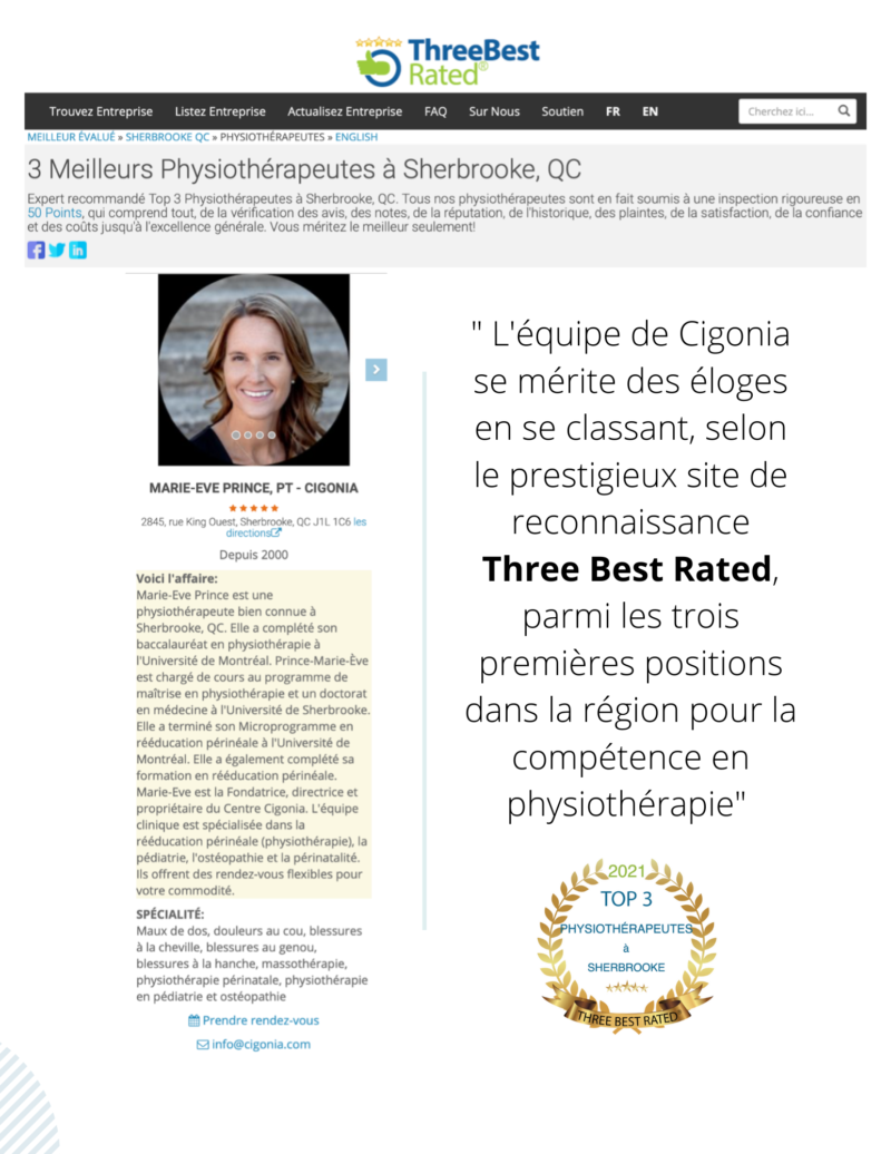 Cigonia | Centre d'expertise en rééducation périnéale et pédiatrique | Sherbrooke | Cigonia: dans le top 3 des meilleurs physiothérapeutes de la région!