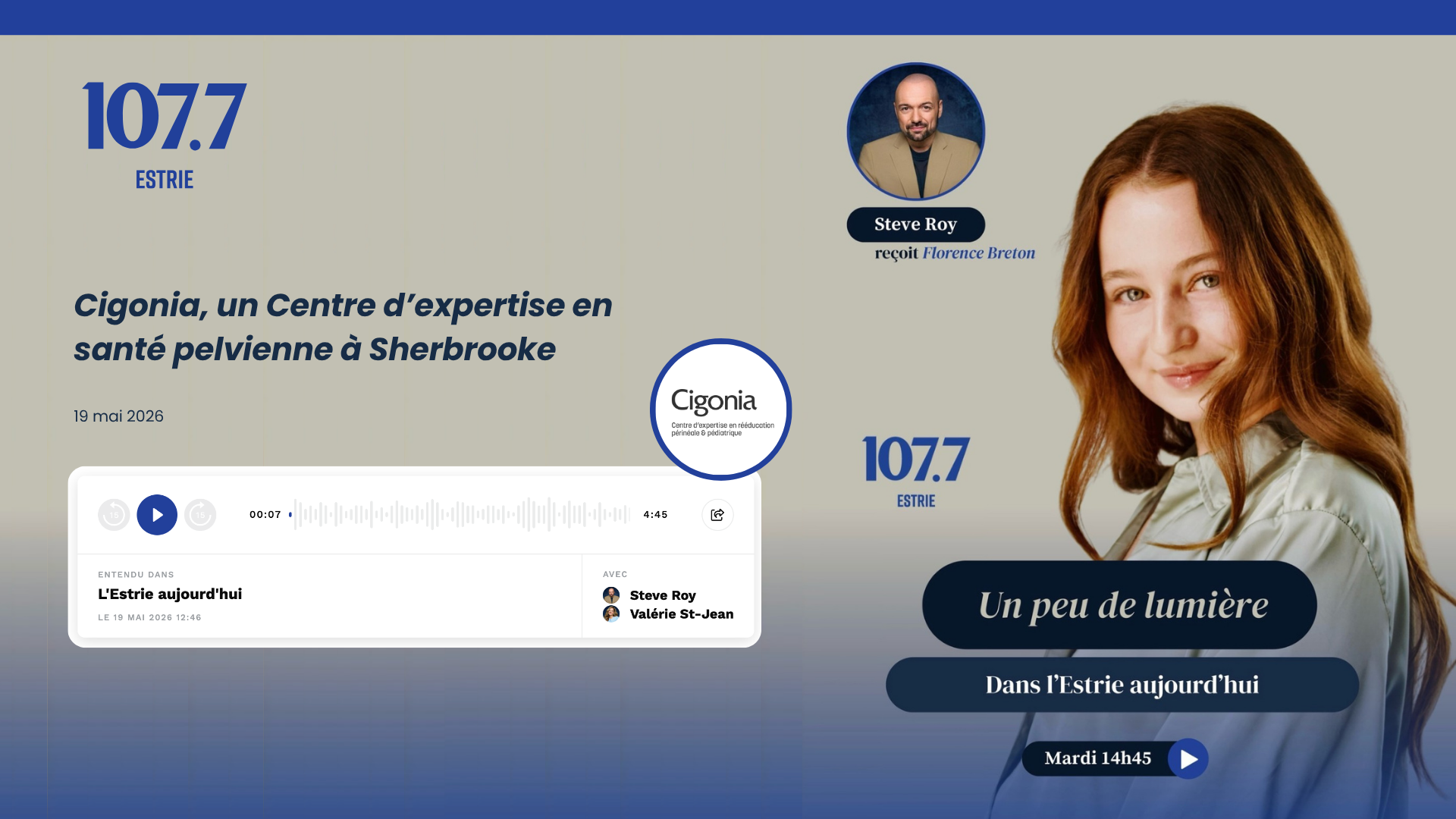 Cigonia | Centre d’expertise en réadaptation pelvienne et pédiatrique | Sherbrooke et Granby | Chronique de Florence Breton au 107.7 Estrie  : Découvrez Cigonia, centre d'expertise en rééducation périnéale